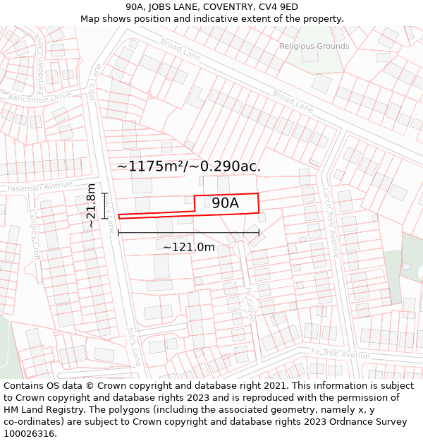 90A, JOBS LANE, COVENTRY, CV4 9ED: Plot and title map