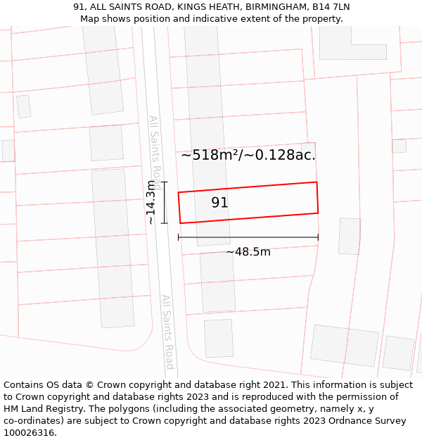 91, ALL SAINTS ROAD, KINGS HEATH, BIRMINGHAM, B14 7LN: Plot and title map