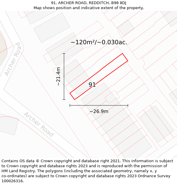 91, ARCHER ROAD, REDDITCH, B98 8DJ: Plot and title map