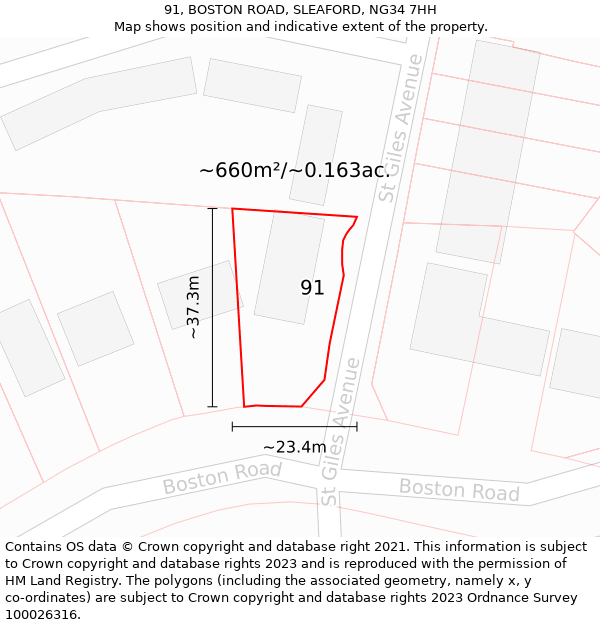 91, BOSTON ROAD, SLEAFORD, NG34 7HH: Plot and title map