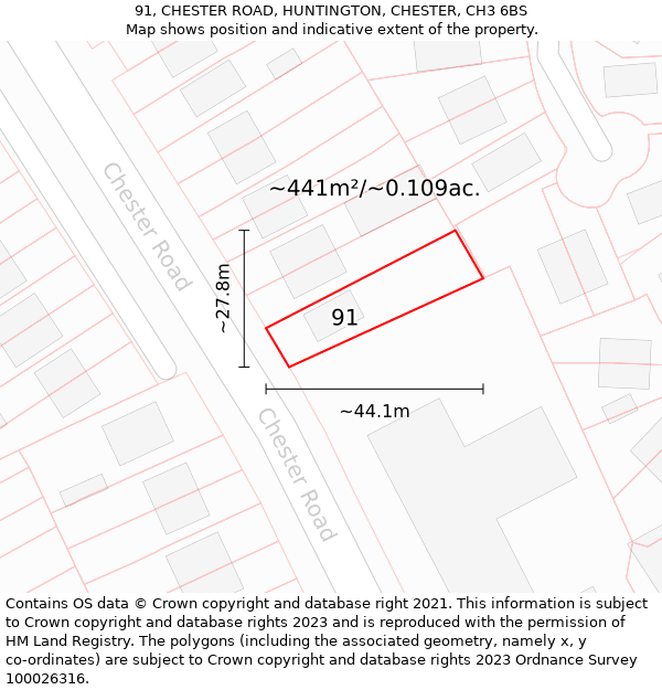 91, CHESTER ROAD, HUNTINGTON, CHESTER, CH3 6BS: Plot and title map