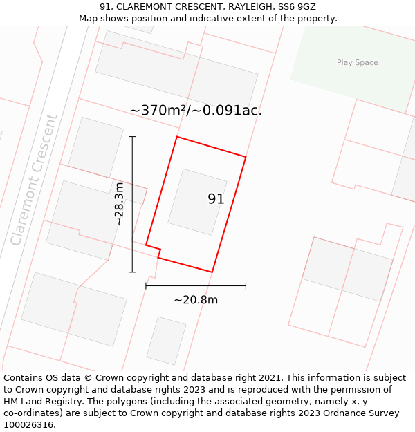 91, CLAREMONT CRESCENT, RAYLEIGH, SS6 9GZ: Plot and title map