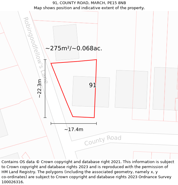 91, COUNTY ROAD, MARCH, PE15 8NB: Plot and title map