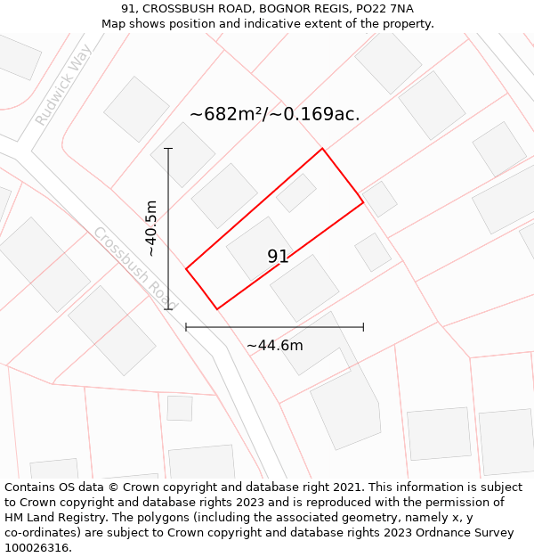 91, CROSSBUSH ROAD, BOGNOR REGIS, PO22 7NA: Plot and title map