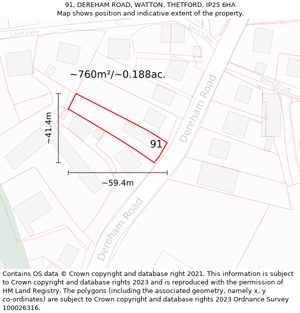 91, DEREHAM ROAD, WATTON, THETFORD, IP25 6HA: Plot and title map