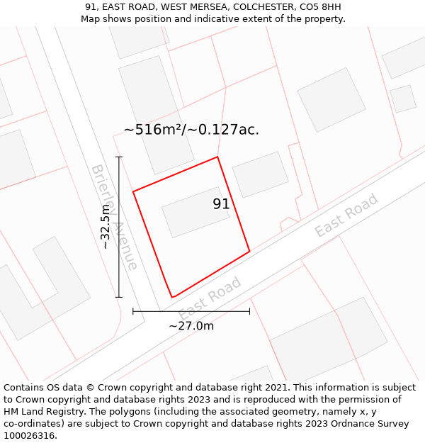 91, EAST ROAD, WEST MERSEA, COLCHESTER, CO5 8HH: Plot and title map