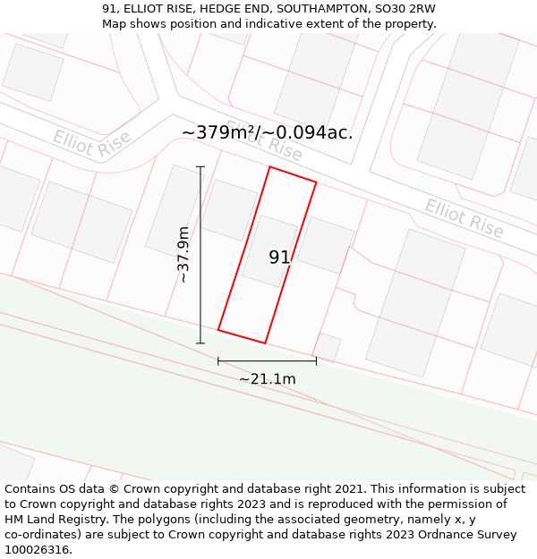 91, ELLIOT RISE, HEDGE END, SOUTHAMPTON, SO30 2RW: Plot and title map