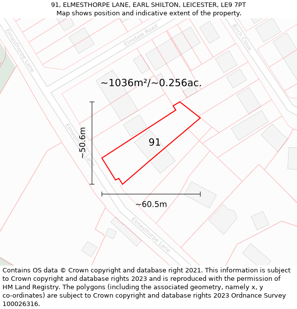 91, ELMESTHORPE LANE, EARL SHILTON, LEICESTER, LE9 7PT: Plot and title map