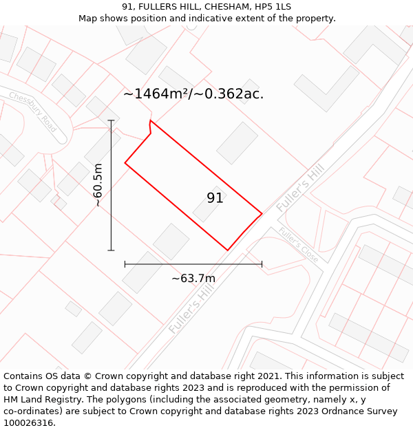 91, FULLERS HILL, CHESHAM, HP5 1LS: Plot and title map