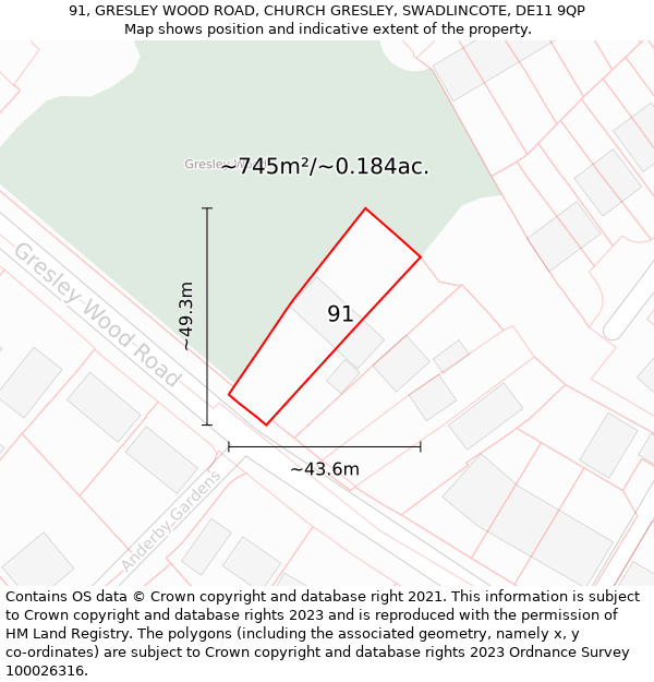 91, GRESLEY WOOD ROAD, CHURCH GRESLEY, SWADLINCOTE, DE11 9QP: Plot and title map