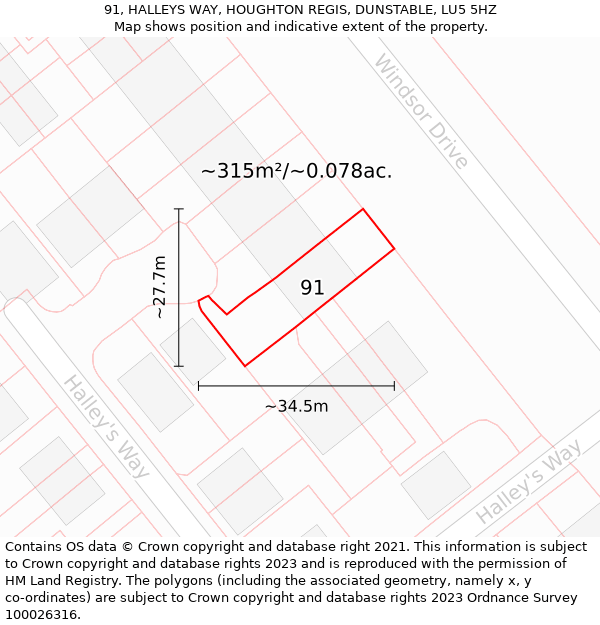 91, HALLEYS WAY, HOUGHTON REGIS, DUNSTABLE, LU5 5HZ: Plot and title map