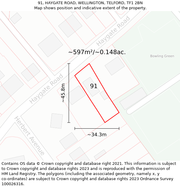 91, HAYGATE ROAD, WELLINGTON, TELFORD, TF1 2BN: Plot and title map