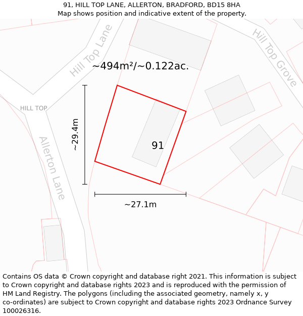 91, HILL TOP LANE, ALLERTON, BRADFORD, BD15 8HA: Plot and title map