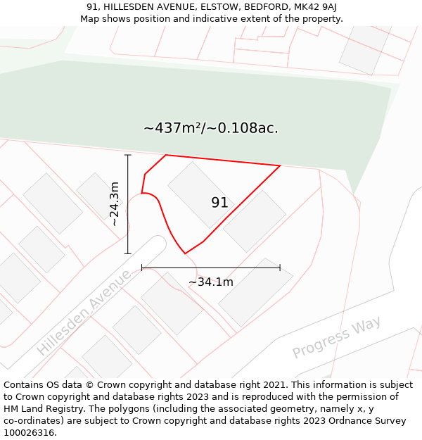 91, HILLESDEN AVENUE, ELSTOW, BEDFORD, MK42 9AJ: Plot and title map