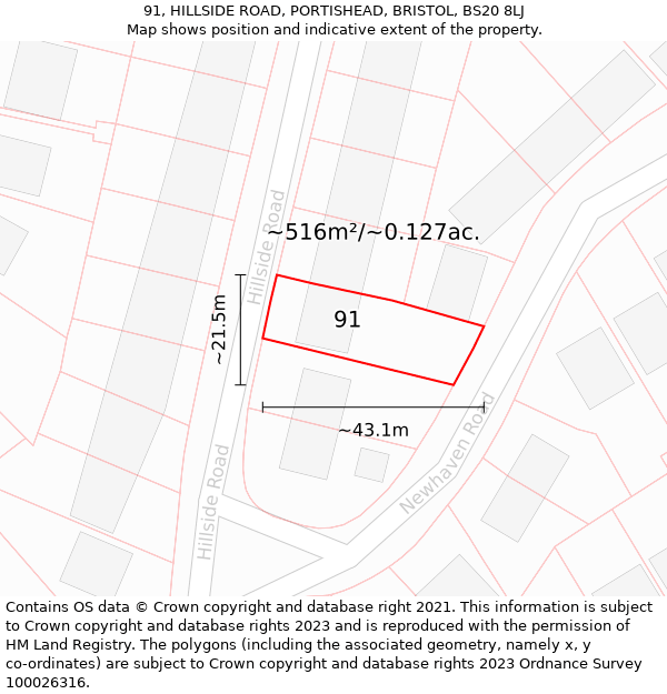 91, HILLSIDE ROAD, PORTISHEAD, BRISTOL, BS20 8LJ: Plot and title map