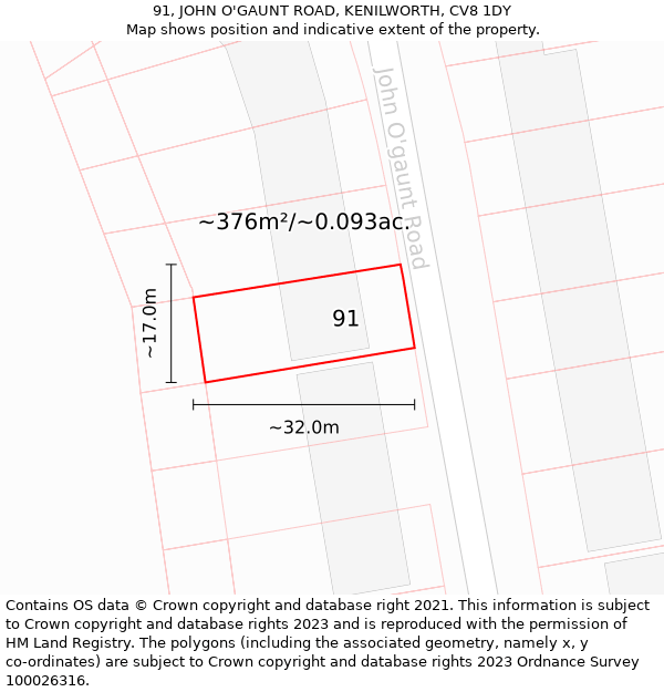 91, JOHN O'GAUNT ROAD, KENILWORTH, CV8 1DY: Plot and title map