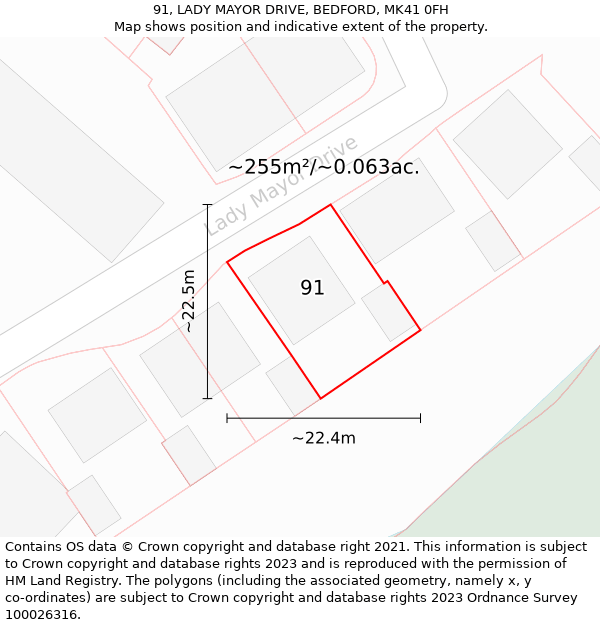 91, LADY MAYOR DRIVE, BEDFORD, MK41 0FH: Plot and title map
