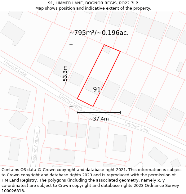 91, LIMMER LANE, BOGNOR REGIS, PO22 7LP: Plot and title map