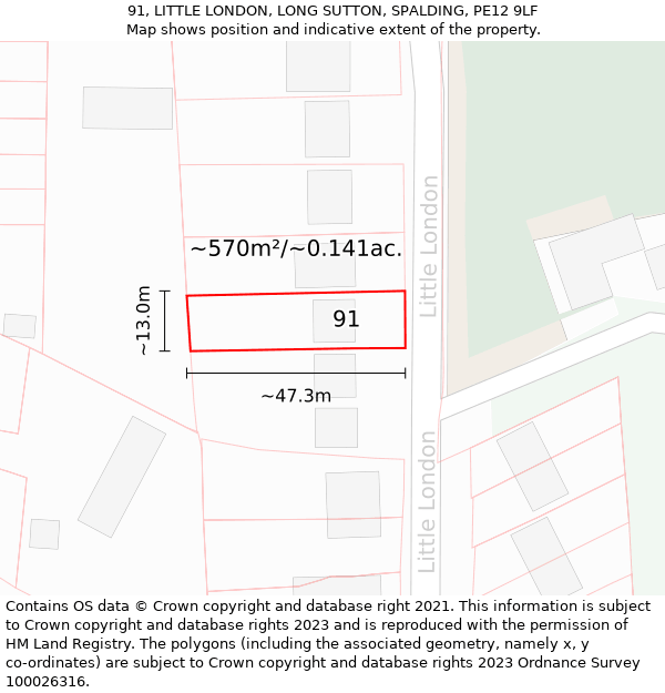 91, LITTLE LONDON, LONG SUTTON, SPALDING, PE12 9LF: Plot and title map