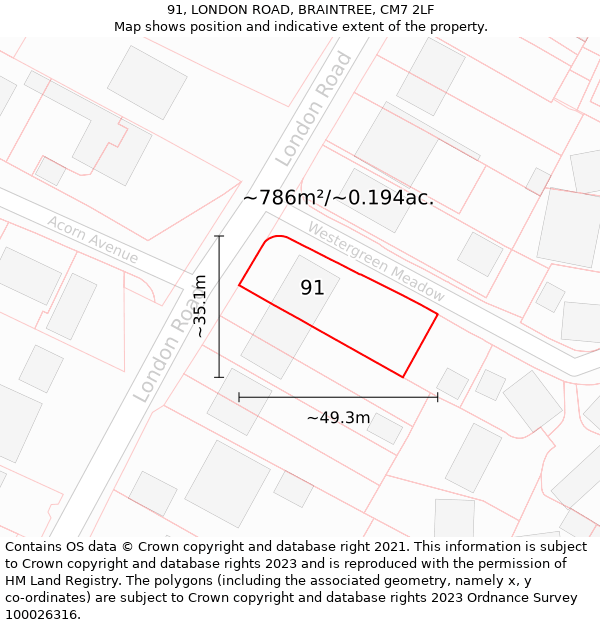 91, LONDON ROAD, BRAINTREE, CM7 2LF: Plot and title map