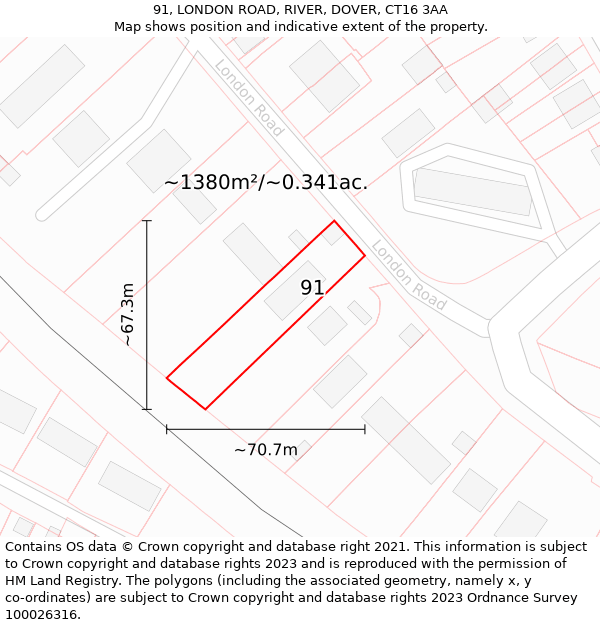 91, LONDON ROAD, RIVER, DOVER, CT16 3AA: Plot and title map