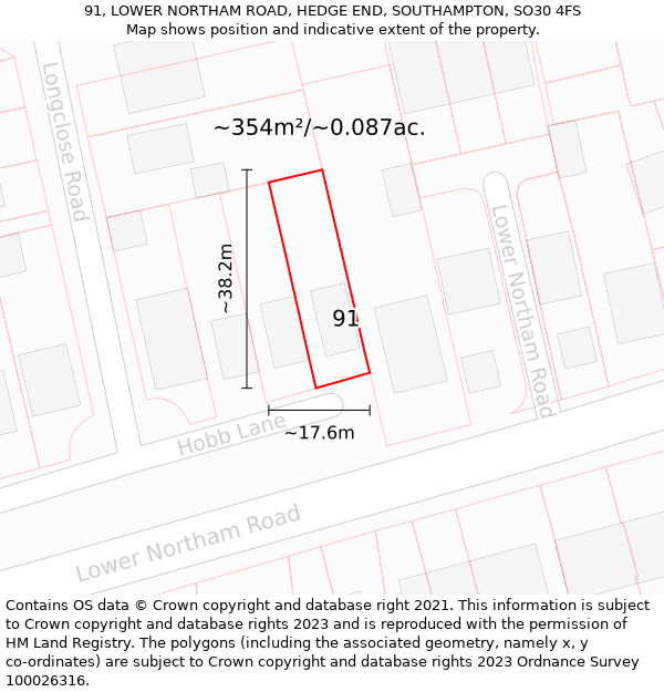 91, LOWER NORTHAM ROAD, HEDGE END, SOUTHAMPTON, SO30 4FS: Plot and title map