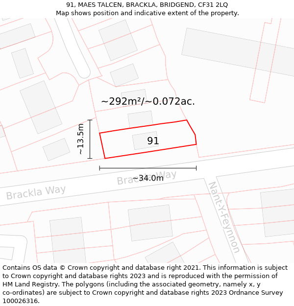 91, MAES TALCEN, BRACKLA, BRIDGEND, CF31 2LQ: Plot and title map