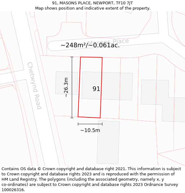 91, MASONS PLACE, NEWPORT, TF10 7JT: Plot and title map