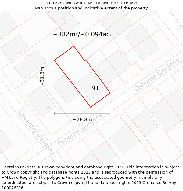 91, OSBORNE GARDENS, HERNE BAY, CT6 6SA: Plot and title map