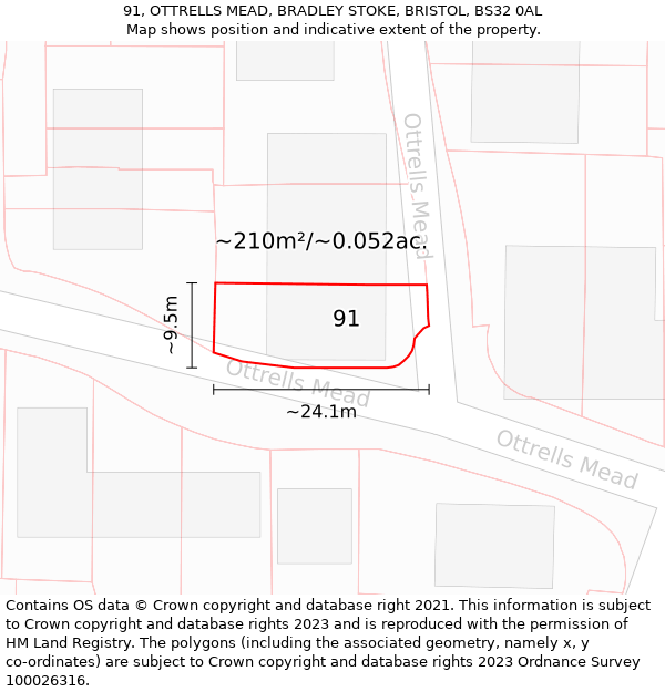 91, OTTRELLS MEAD, BRADLEY STOKE, BRISTOL, BS32 0AL: Plot and title map