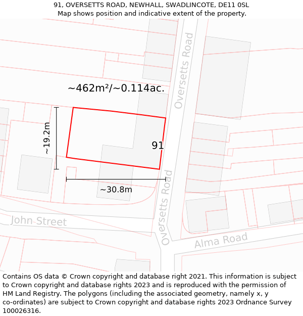 91, OVERSETTS ROAD, NEWHALL, SWADLINCOTE, DE11 0SL: Plot and title map