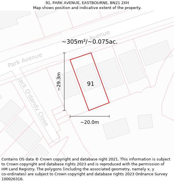 91, PARK AVENUE, EASTBOURNE, BN21 2XH: Plot and title map