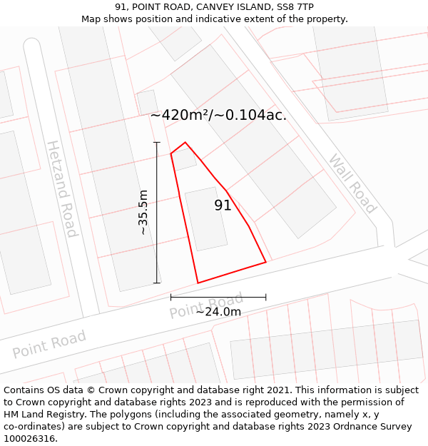 91, POINT ROAD, CANVEY ISLAND, SS8 7TP: Plot and title map