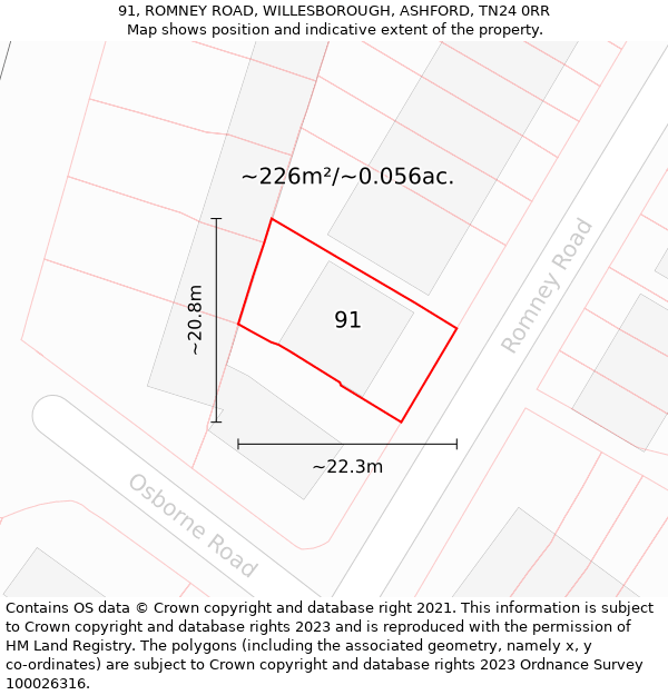 91, ROMNEY ROAD, WILLESBOROUGH, ASHFORD, TN24 0RR: Plot and title map