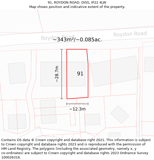 91, ROYDON ROAD, DISS, IP22 4LW: Plot and title map