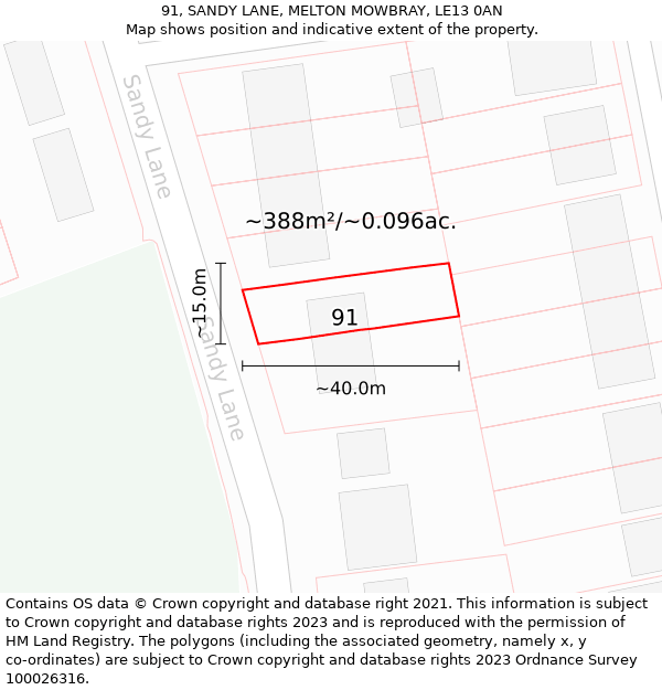 91, SANDY LANE, MELTON MOWBRAY, LE13 0AN: Plot and title map