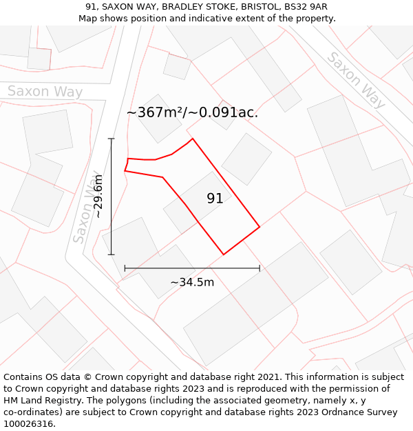 91, SAXON WAY, BRADLEY STOKE, BRISTOL, BS32 9AR: Plot and title map