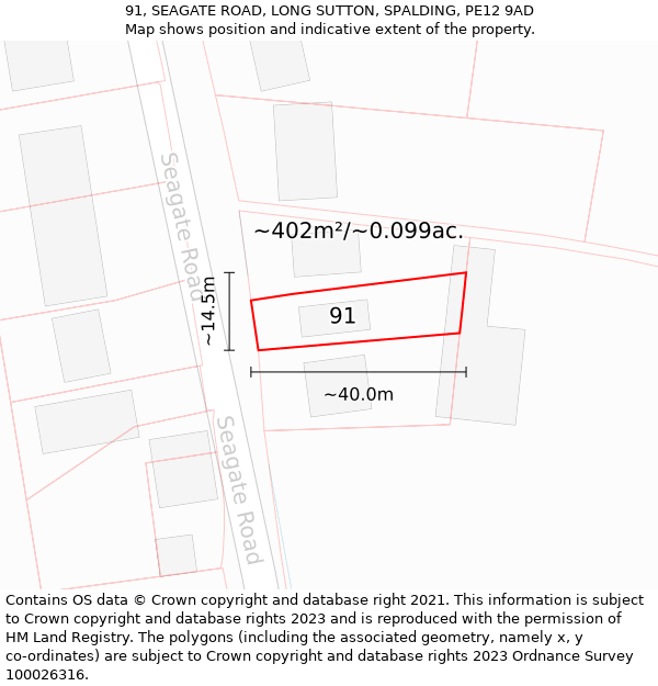 91, SEAGATE ROAD, LONG SUTTON, SPALDING, PE12 9AD: Plot and title map