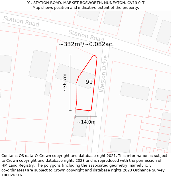 91, STATION ROAD, MARKET BOSWORTH, NUNEATON, CV13 0LT: Plot and title map