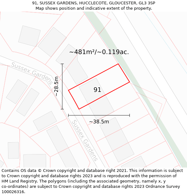 91, SUSSEX GARDENS, HUCCLECOTE, GLOUCESTER, GL3 3SP: Plot and title map