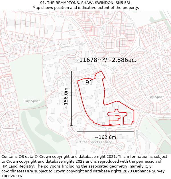 91, THE BRAMPTONS, SHAW, SWINDON, SN5 5SL: Plot and title map