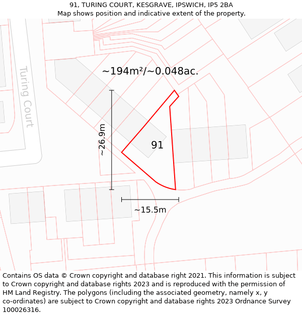 91, TURING COURT, KESGRAVE, IPSWICH, IP5 2BA: Plot and title map