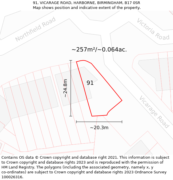 91, VICARAGE ROAD, HARBORNE, BIRMINGHAM, B17 0SR: Plot and title map