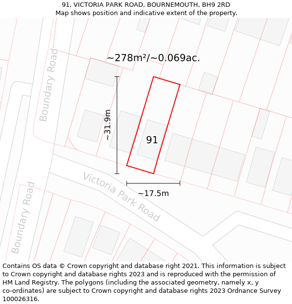 91, VICTORIA PARK ROAD, BOURNEMOUTH, BH9 2RD: Plot and title map