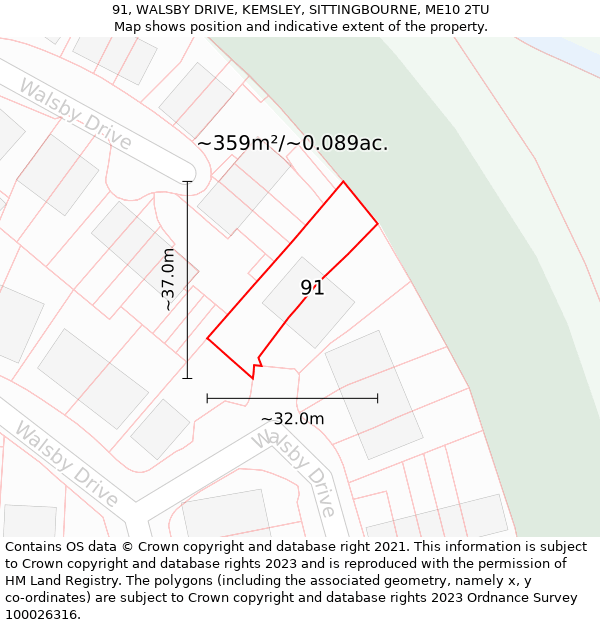 91, WALSBY DRIVE, KEMSLEY, SITTINGBOURNE, ME10 2TU: Plot and title map