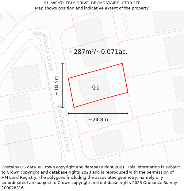 91, WEATHERLY DRIVE, BROADSTAIRS, CT10 2EE: Plot and title map