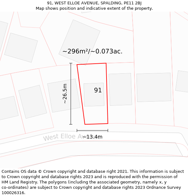 91, WEST ELLOE AVENUE, SPALDING, PE11 2BJ: Plot and title map