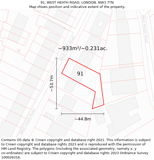 91, WEST HEATH ROAD, LONDON, NW3 7TN: Plot and title map