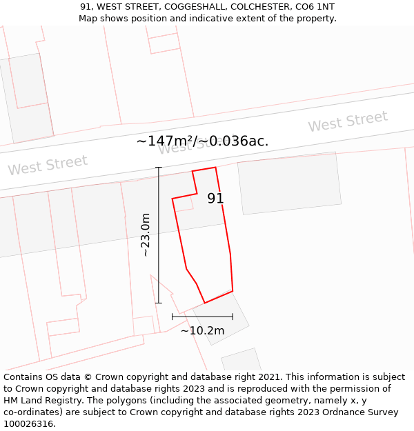 91, WEST STREET, COGGESHALL, COLCHESTER, CO6 1NT: Plot and title map