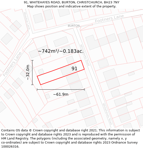 91, WHITEHAYES ROAD, BURTON, CHRISTCHURCH, BH23 7NY: Plot and title map